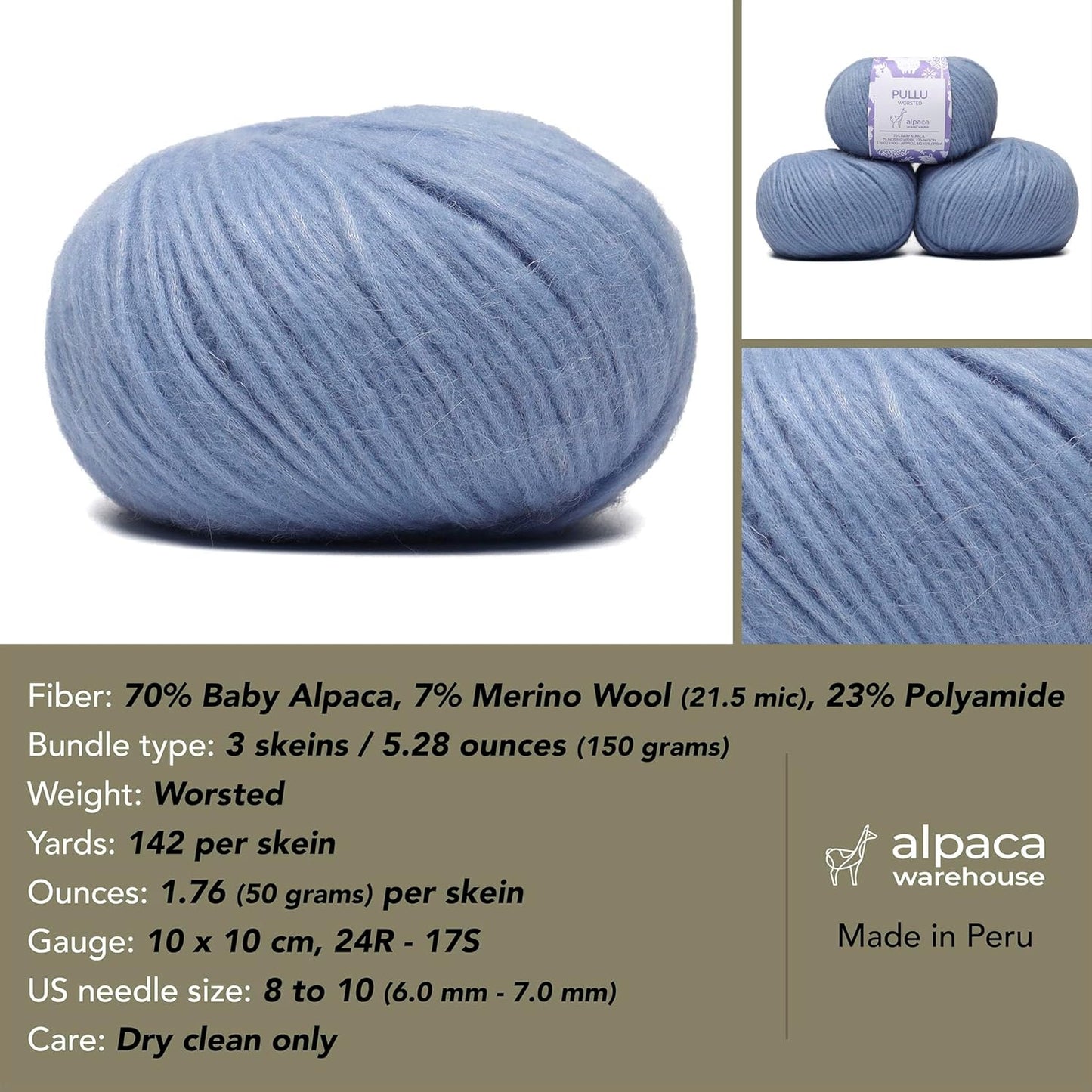 Pullu - Baby Alpaca Merino Wool Yarn Set of 3 Skeins (150 Grams) Worsted Weight - Sourced Directly from Peru - Heavenly Soft and Perfect for Knitting and Crocheting (Soft Blue)