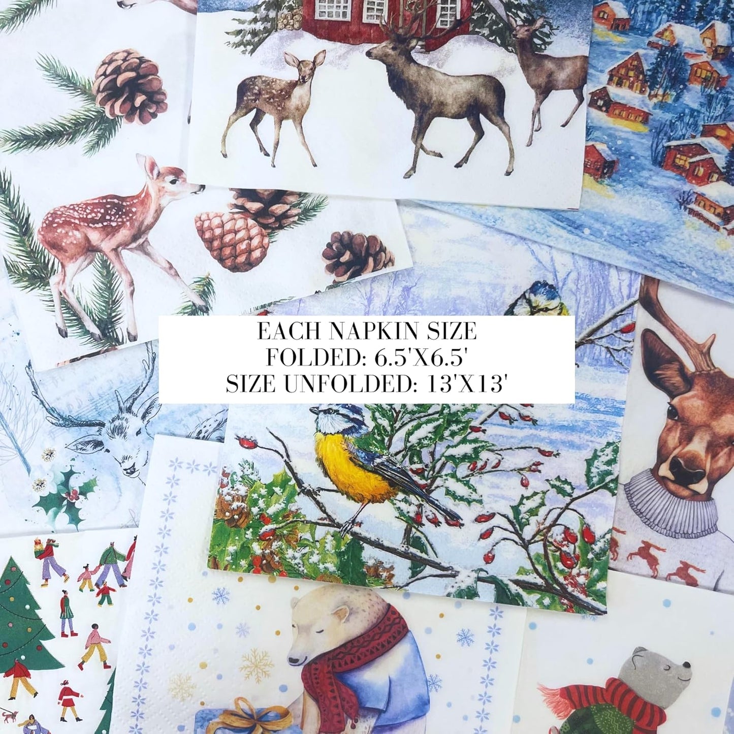 Mystery Pack Decoupage Paper Napkins, 20-ct Assorted Surprise Napkins, Decorative Napkins for Art Craft Junk Journal, Scrapbooking, 20 Different Winter Designs