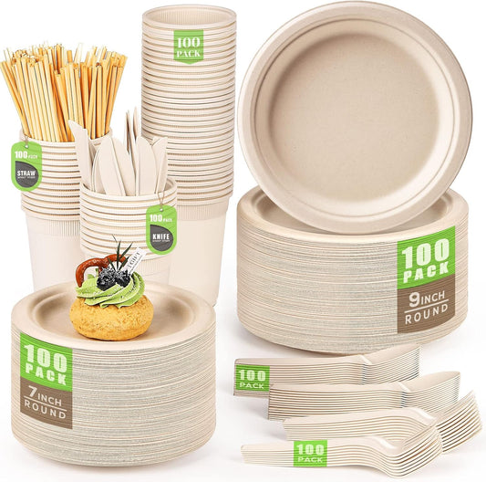 Gezond Compostable Paper Plates - 700pcs Biodegradable Heavy-duty Brown Plates Set for Party