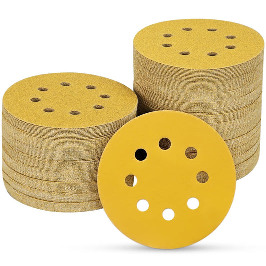 100PCS 5 Inch 8 Hole Sanding Discs 800 Grit,Gold Round Hook and Loop Sandpaper for Random Orbital Sander
