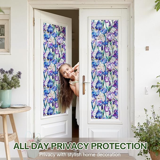 Stained Glass Window Film UV Resistant Window Privacy Film Purple Floral Privacy Rainbow Decals Living Room Bedroom Sun Blocking Decor Removable Static Cling Stickers 17 x 78.74 Inch