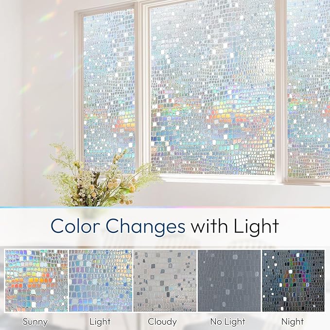 rabbitgoo Window Privacy Film Rainbow Window Film, Mosaic Decorative Stained Glass Cling, Removable Static Cling Tint UV Blocking, Non-Adhesive Privacy Covering, 35.4 x 78.7 inches