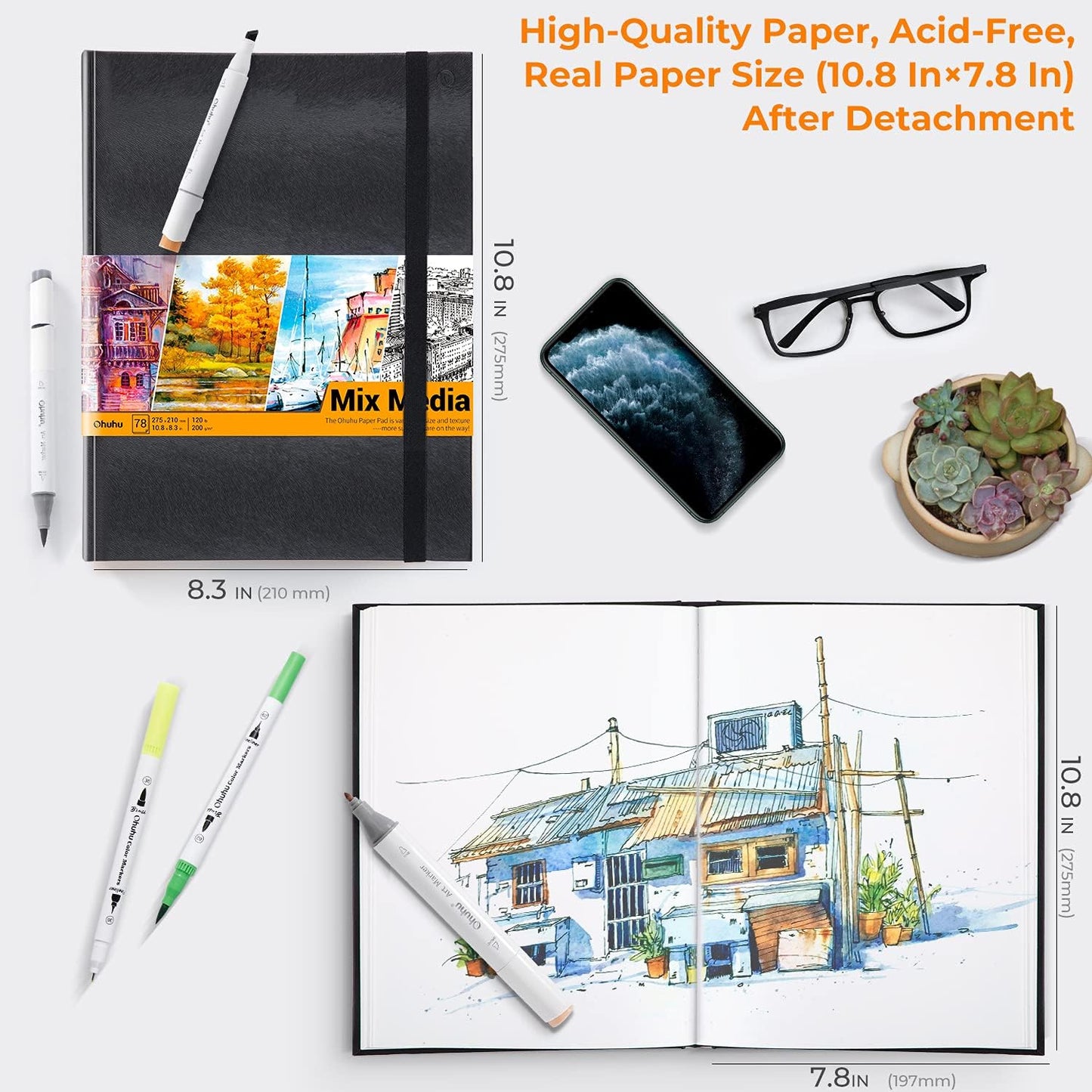 Ohuhu Mix Media Pad - 10.8"x8.3" Mixed Media Art Sketchbook, 120 llb/200 GSM Heavyweight Papers, 78 Sheets/156 Pages, PU Hardcover Mixed Media Paper Pad for Acrylic Painting Christmas Gift