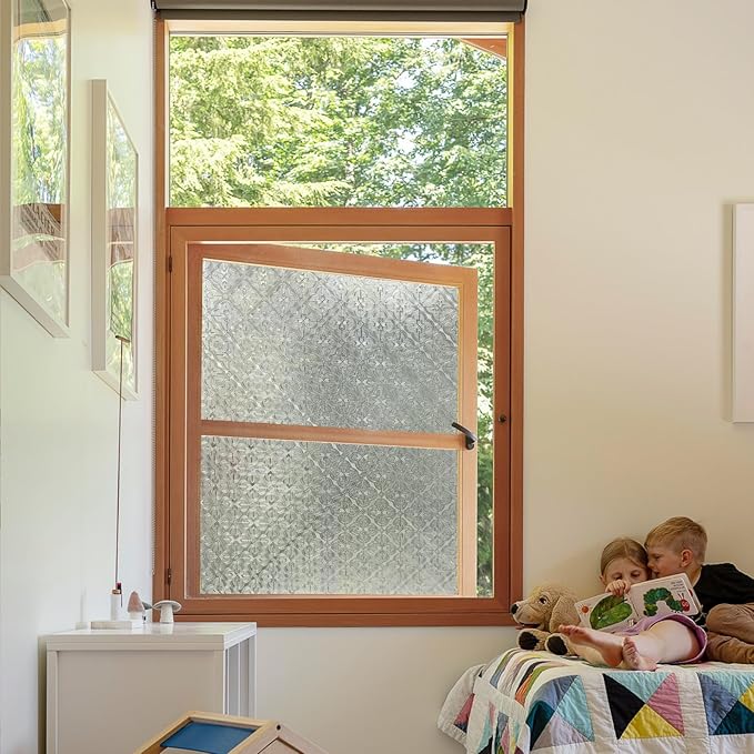 Stained Glass Window Privacy Film, 3D Static Cling Removable Window Clings, Heat Control Sun Blocking Window Film for Bathroom,Front Door,Home,Begonia,29.5" x 78.7"