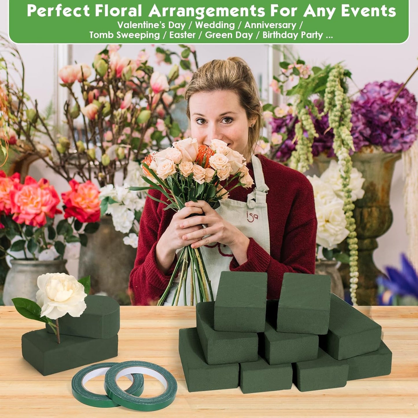 MAPVOLUT 10 Pcs Green Floral Foam Blocks (5.5” x 3.1” x 1.7”) with 2 Rolls Waterproof Floral Tape - 12mm x 65.62ft, for Fresh or Artificial Flower Arrangements, DIY Wedding, Home Decor, and Crafts