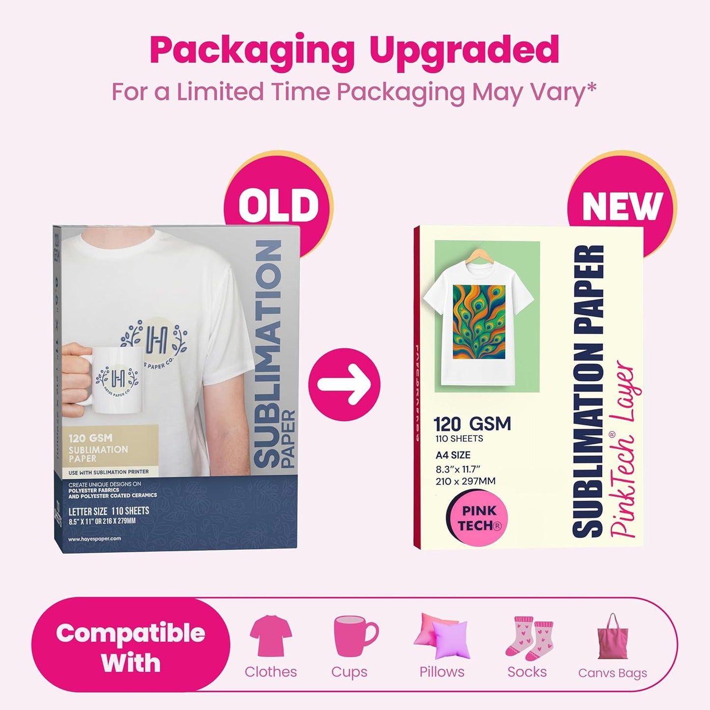 Hayes 110 Sheets Sublimation Paper 8.5x11 Inch Letter Size | 120gsm Heat Transfer Paper for Inkjet Printers | Use on Mugs, T-Shirts, Light Fabrics | Compatible With Sublimation Printers