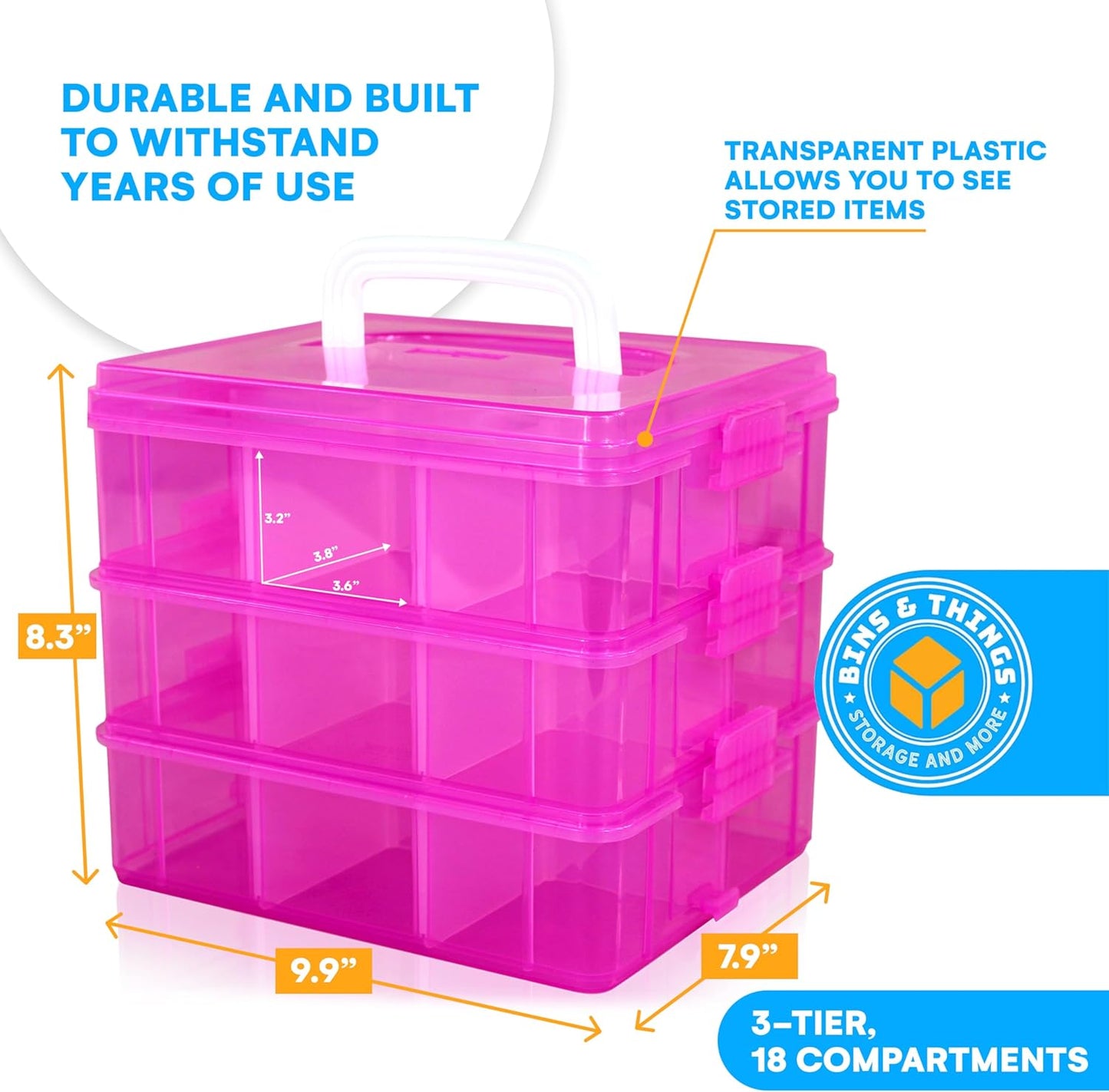 Bins & Things Bead Organizer with Adjustable Compartments - Durable Toy Organizers and Storage Solution for Dolls, Crafts, Mini Toy Figures, Jewelry and Beads - 3 Tier, 18 Compartments