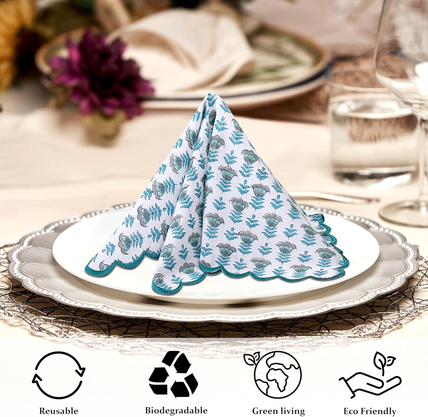 Ridhi Aquamarine Blue Hand Block Print Napkins 18" x 18" Set of 4 Reusable Cotton Dinner Napkins for Weddings, Parties & Everyday Dining, Thanksgiving, Christmas, Fall