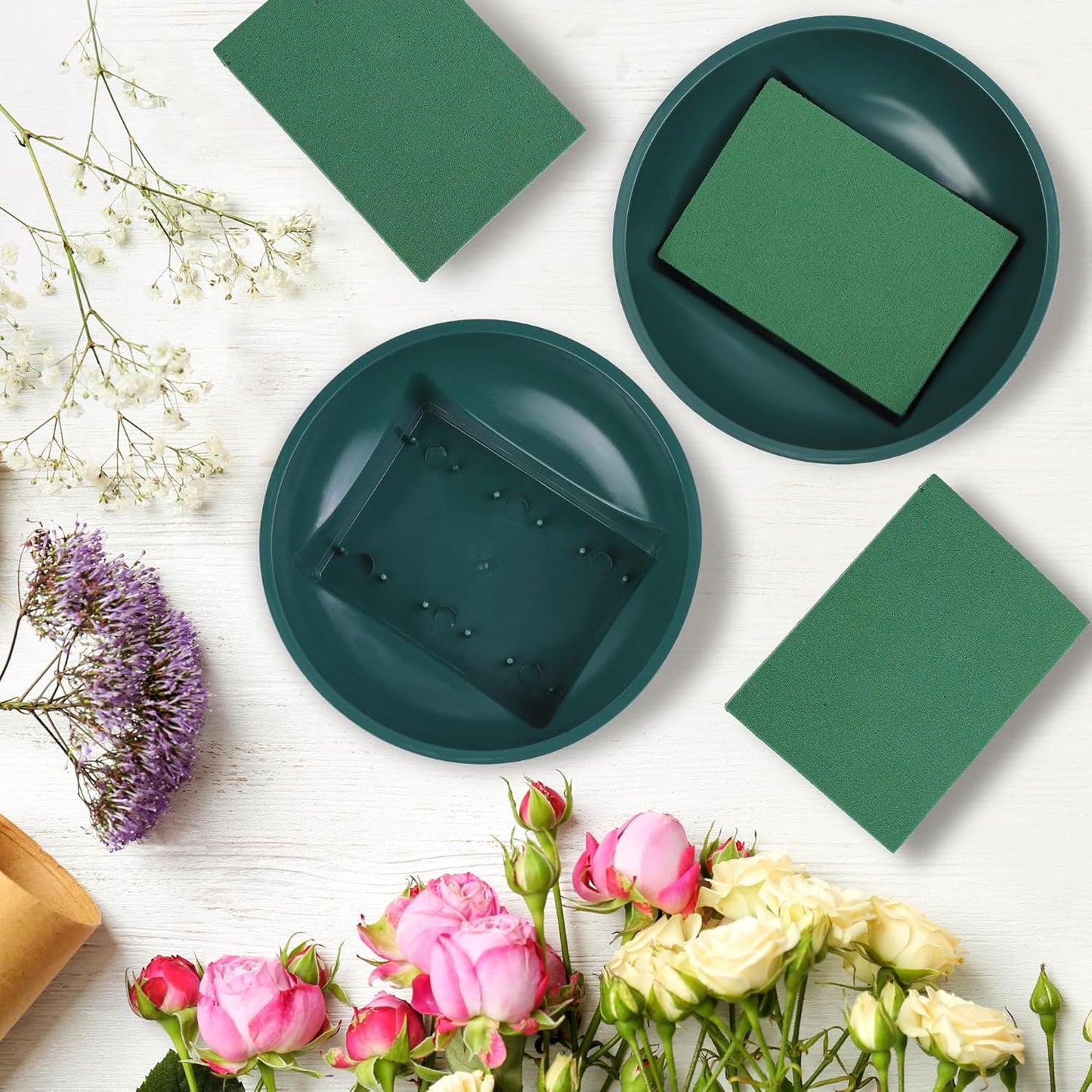16 Sets Flower Foam Blocks with Bowl Kit Square Floral Foam Blocks Floral Arrangement Round Bowls DIY Floral Foam for Flower Arrangements Birthday Wedding Party Decoration Table Centerpiece