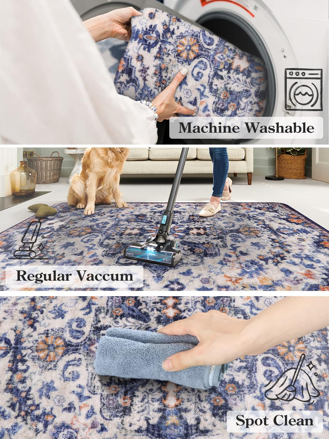 Lahome Washable Runner Rug, 2x5 Bohemian Kitchen Rug Runners Low Pile Bathroom Runner Rugs with Rubber Backing, Printed Throw Carpet Runners for Laundry Room Hallway Bedside, Blue Purple/Multi