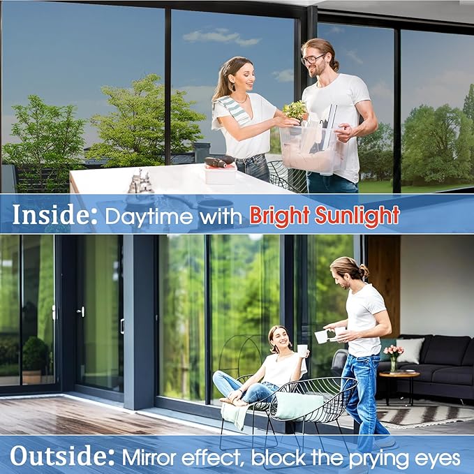 Coavas One Way Privacy Window Film,Daytime Window Tint for Home, Reflective Mirror Glass Window Film See Out Not in,Heat UV Blocking Anti-Glare Window Covers with 3 Tools, 23.6 x 393.7 Inch, Silver