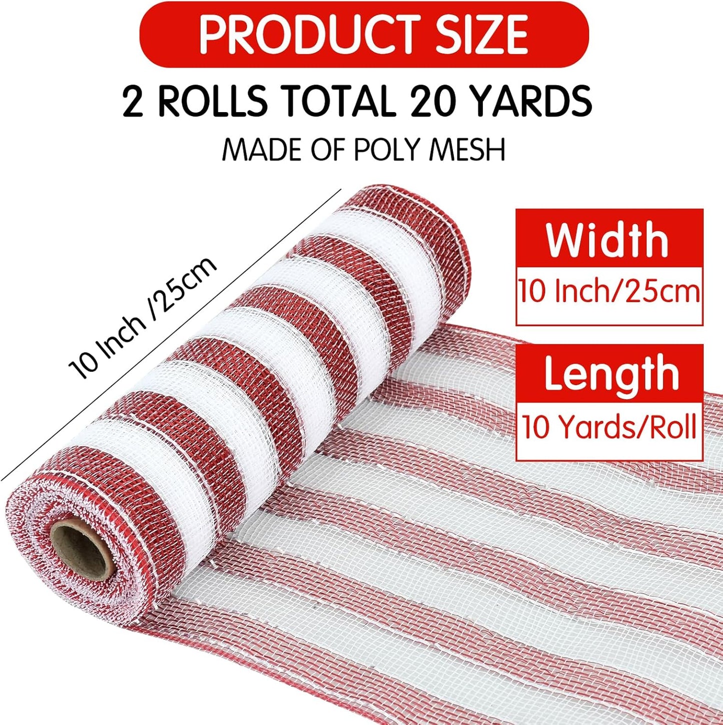TONIFUL 2 Roll 10 Inch Red and White Striped Decorative Mesh Ribbon Rolls for Indoor Decor Christmas Valentine's Halloween Party Accessories Party Decoration Supplies (10yds/roll)