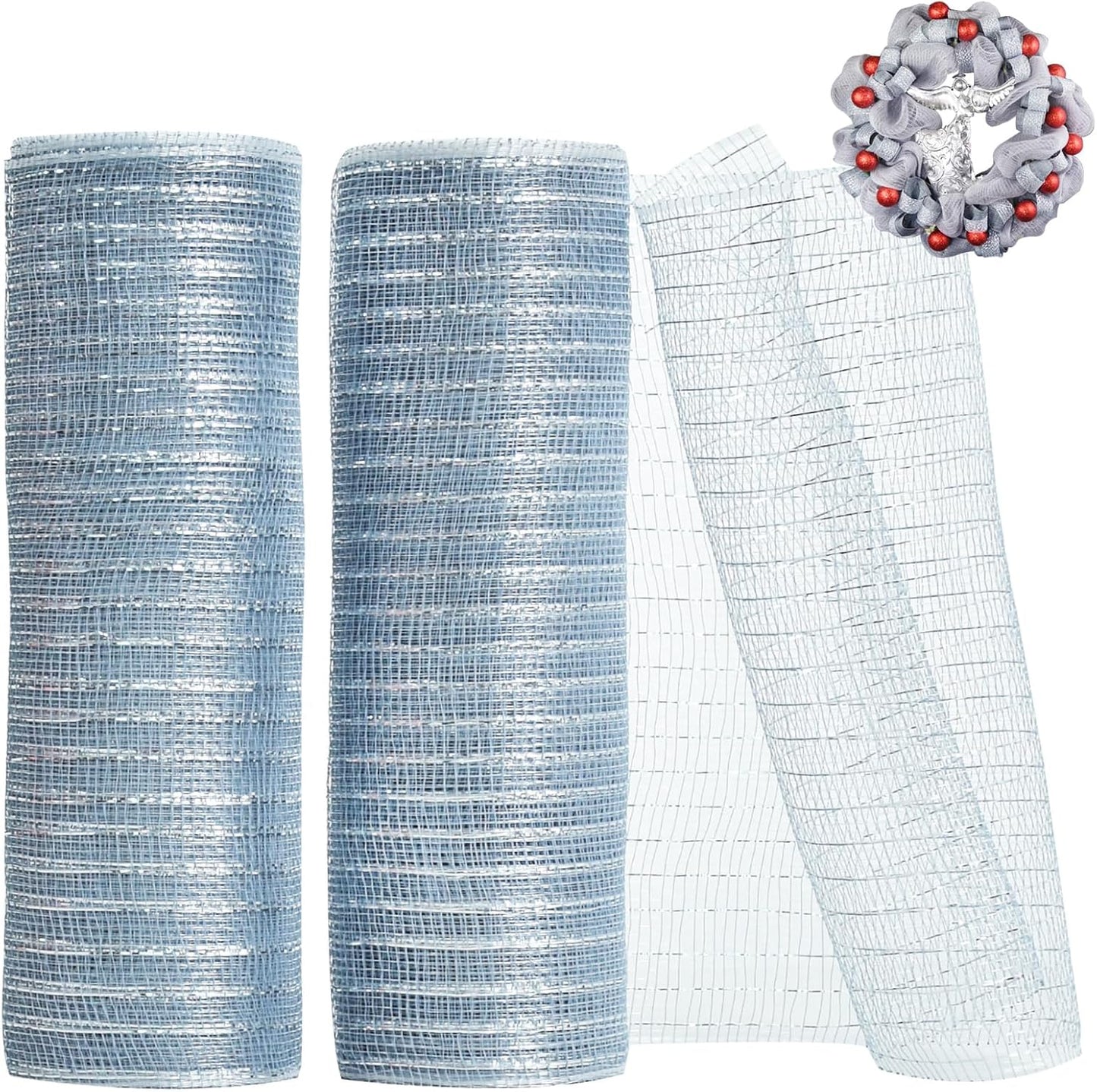 TONIFUL 2 Rolls 10 Inch Silver Decorative Mesh Ribbbon Rolls, Fabric Mesh with Foil for Wreath Supplies, Front Door Wreath Crafts Tree Decor Christmas NewYears Halloween Decoration (10 yds/roll)