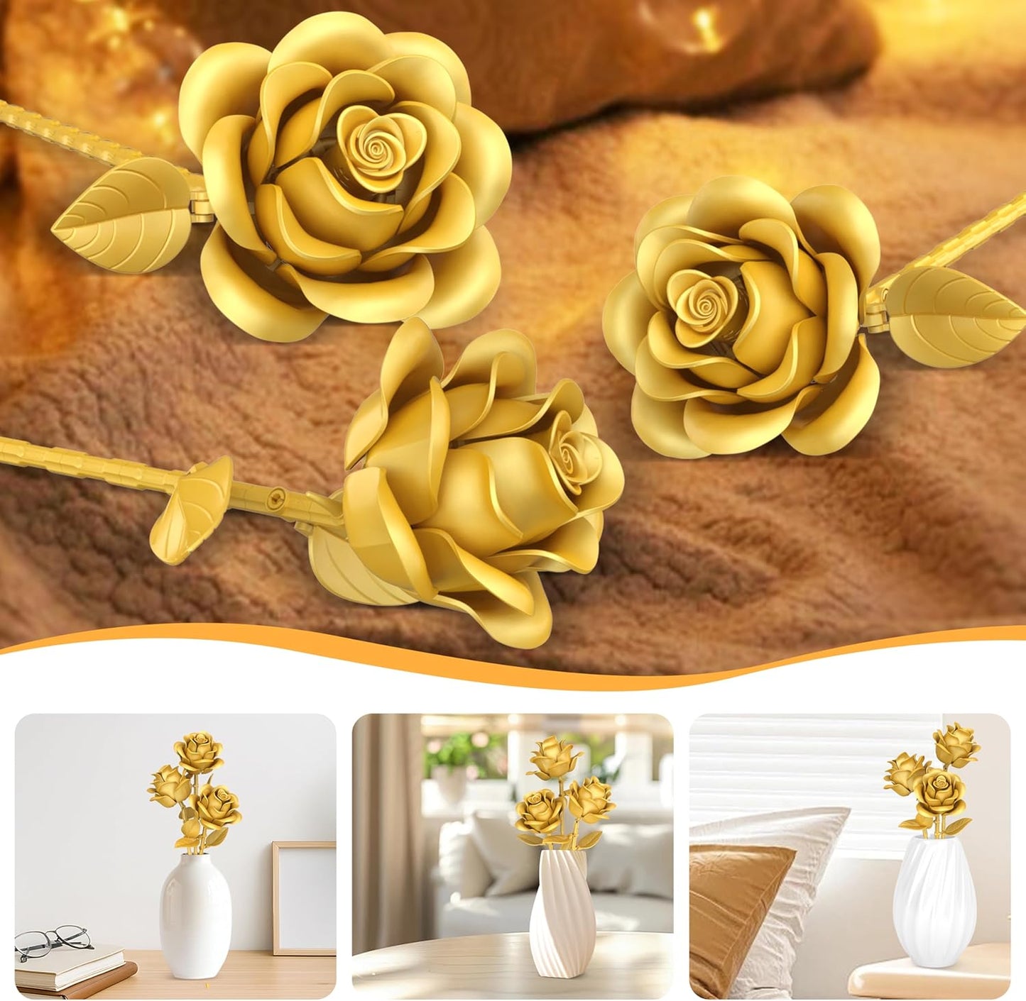 Gold Roses Flower Building Set - 3 Roses Bouquet Botanical Building Blocks for Adult, Home Decor Romantic Anniversary Valentine's Day Gift for Her, Wife, Girlfriend, Mom