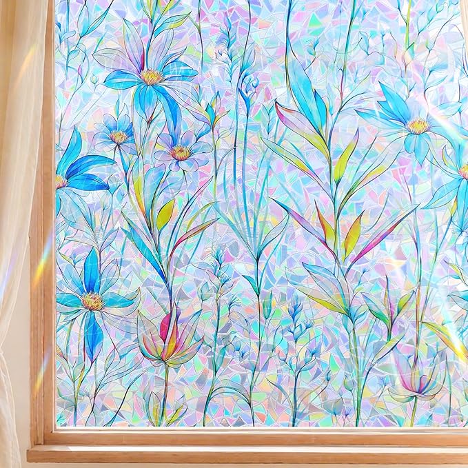FINNEZ Window Privacy Film Stain Glass Film Flowers Rainbow Window Film Window Clings Non-Adhesive Reusable Decorative for Home（Blue Lotus，23.6 Inch x 6.5 Feet）