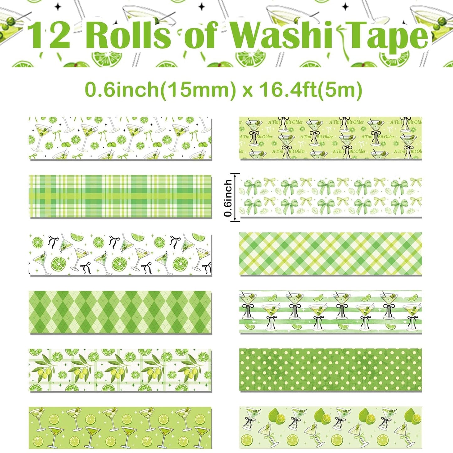12 Rolls Greenery Washi Tape, Martini Bow Lemon Masking Tape, Checkered Martini Glass Decorative Sticker for Summer Party Afternoon Tea Scrapbook Journal DIY Craft Gift Wraps 16.4FT