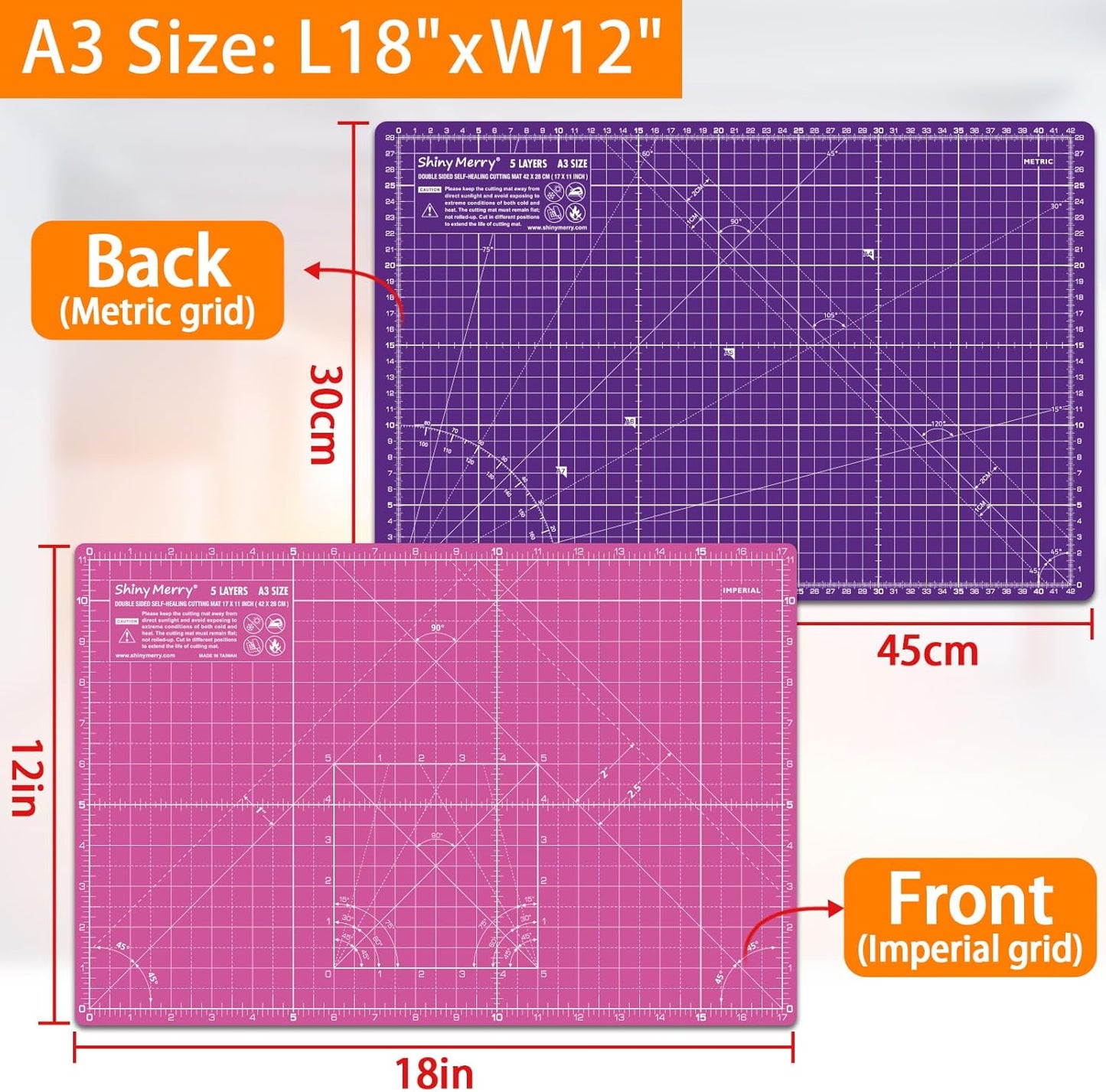 Self Healing Cutting Mat A3 12"x18" – Double Sided 5-Ply Craft Mat for Sewing, Quilting, Fabric, Scrapbooking – Pink/Purple