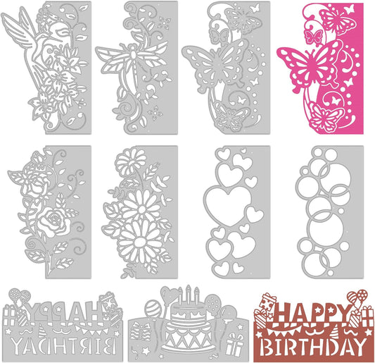 9PCS Die Cuts for Card Making Metal Cutting Dies Flower Butterfly Dragonfly Bird Bubbles Love Heart Happy Birthday Cake Cutting Embossing Stencil Template DIY Paper Cards Album Decoration