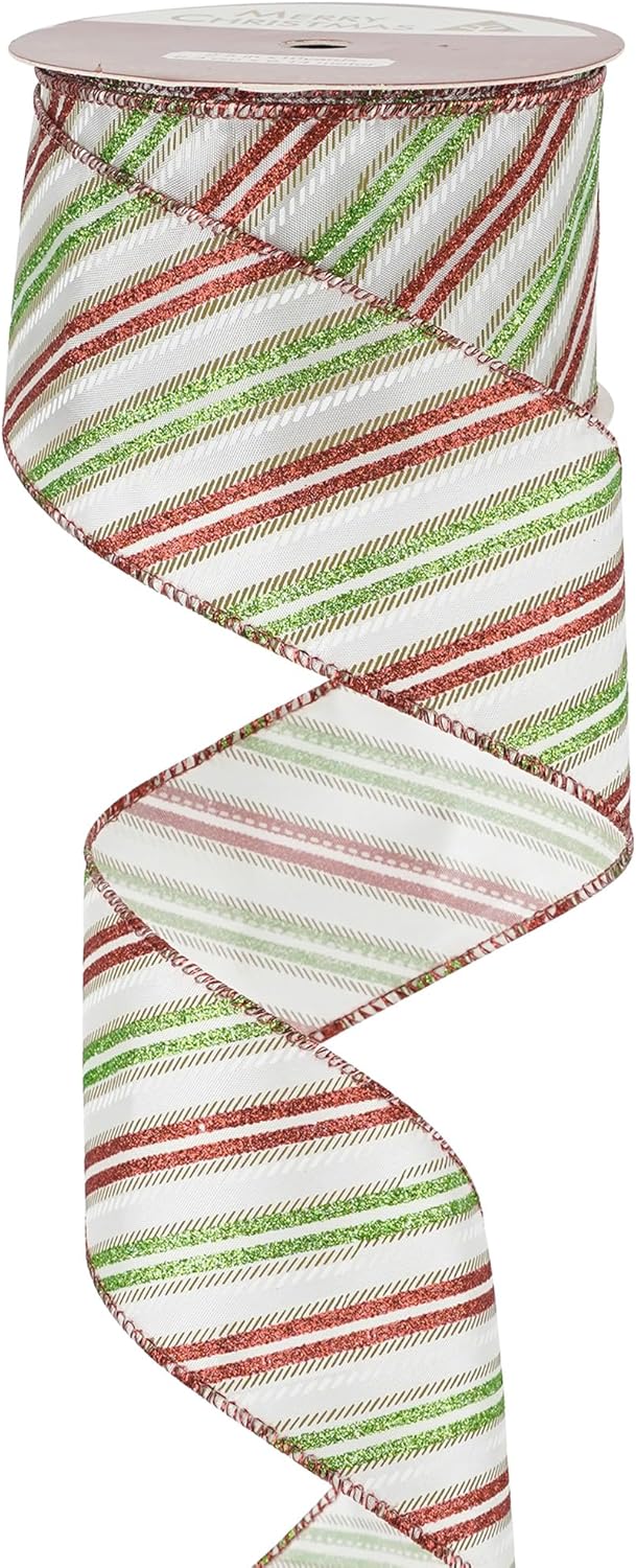 MEEDEE Red and Green Diagonal Striped Ribbon 2.5 Inch White Satin with Lime Green and Red Glitter Wired Ribbon for Christmas Tree, Garlands, Wreaths, Topper Bow (10 Yards)
