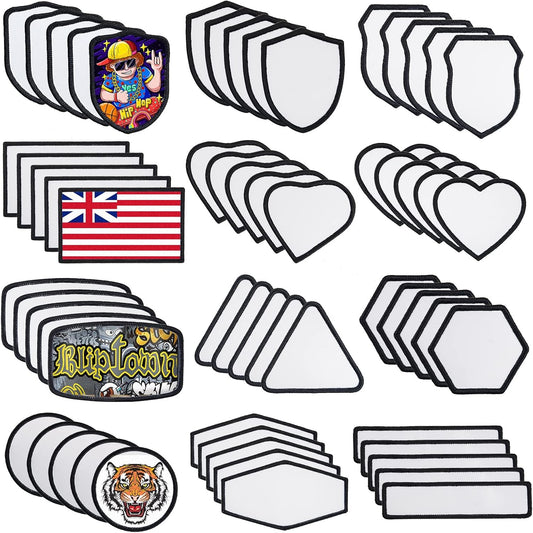 GUX 12 Styles, 60 Pieces Sublimation Blanks Patches Fabric Iron-on Patch Blanks Repair Blank Patches for DIY Hats Shirts Shoes Jeans Bags Supplies（Black Woven Border） (12 Styles Mixed/60PCs)