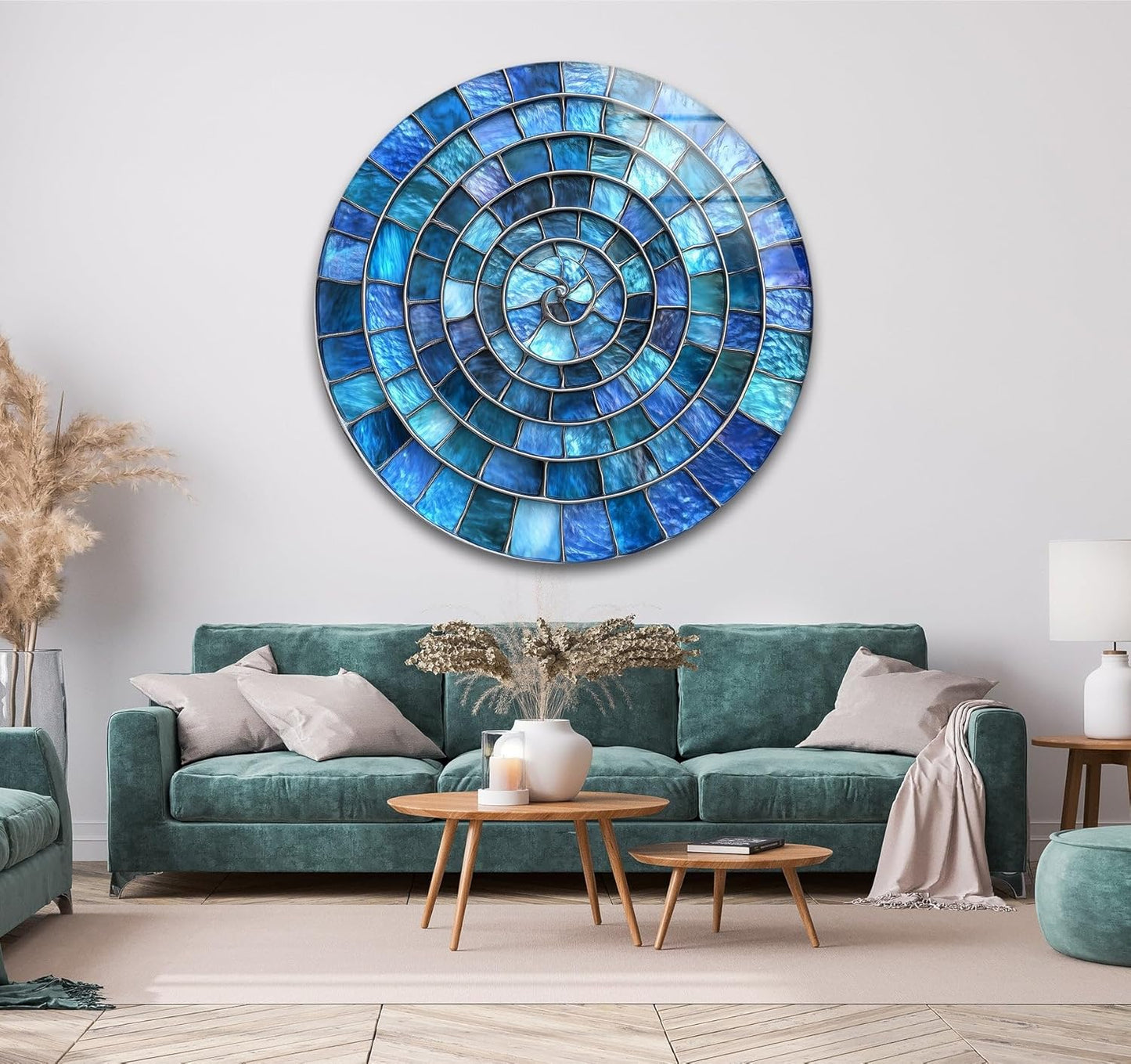 My Photostation.com 27.5''(70cm) Diameter Blue Aqua Spiral Harmony Round Glass Wall Art Tempered Glass Printing Wall Decor Large Wall Art Wall Hangings