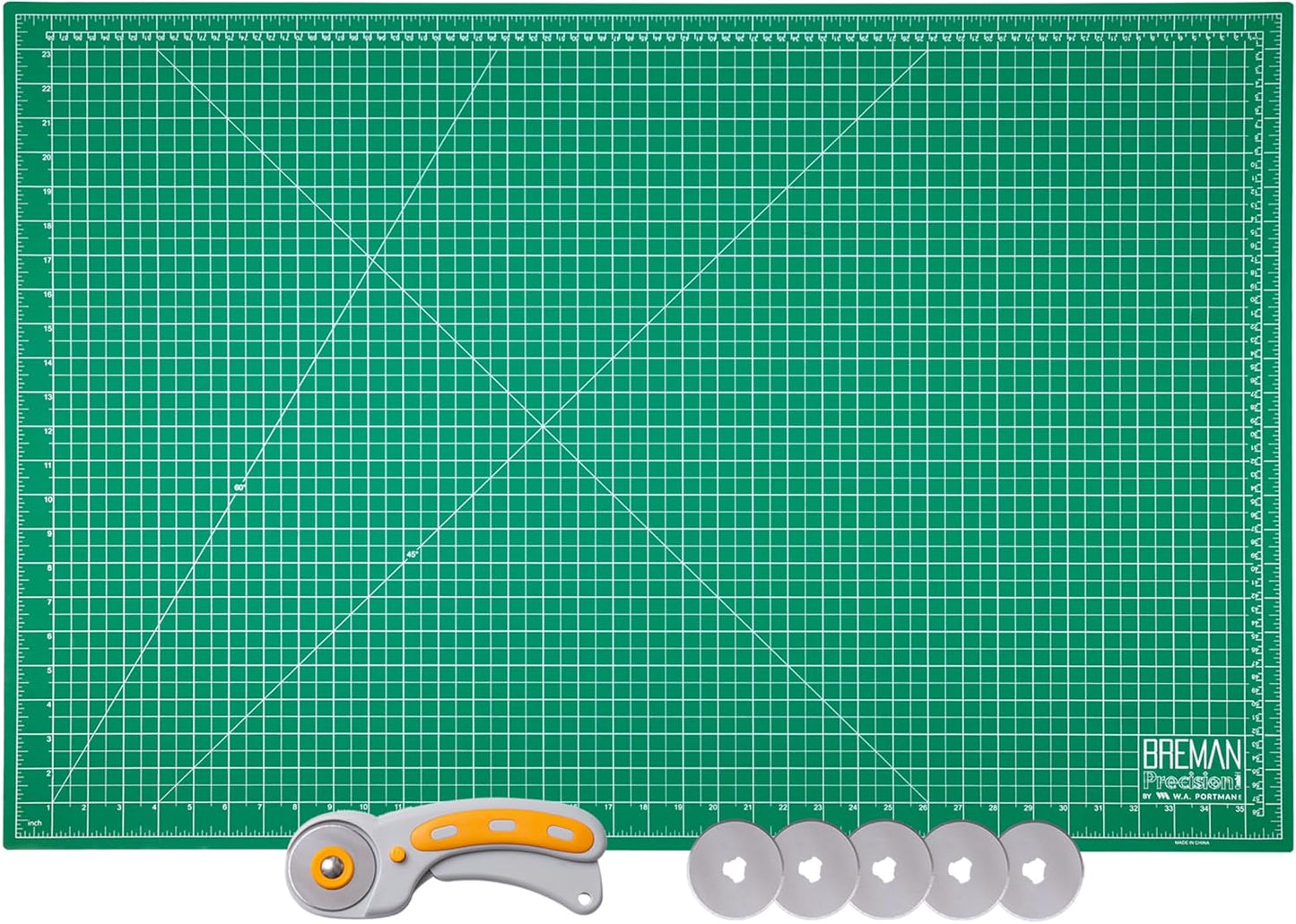 WA Portman Self Healing Cutting Mat & Rotary Cutter for Fabric Set – 24x36 Sewing Cutting Mats for Crafts with 45mm Fabric Cutter Wheel & 5 Rotary Blades – Quilting & Sewing Supplies Kit