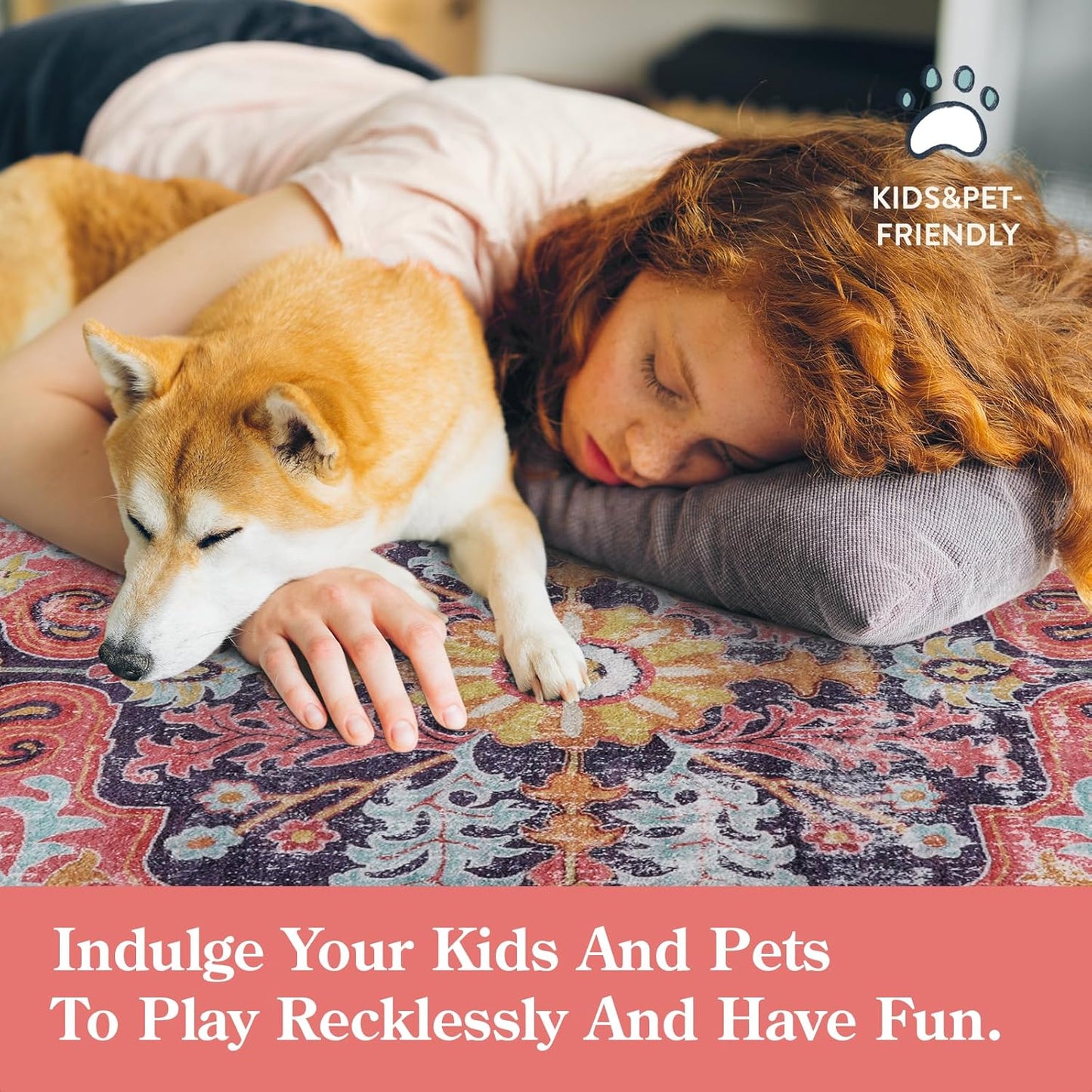 Lahome Bohemian Floral Medallion Area Rug - 3x5 Hot Pink Rug for Girls Room Front Entry Mat, Non-Slip Machine Washable Soft Throw Carpet for Bathroom Apartment Entrance Laundry, Fuchsia/Multi