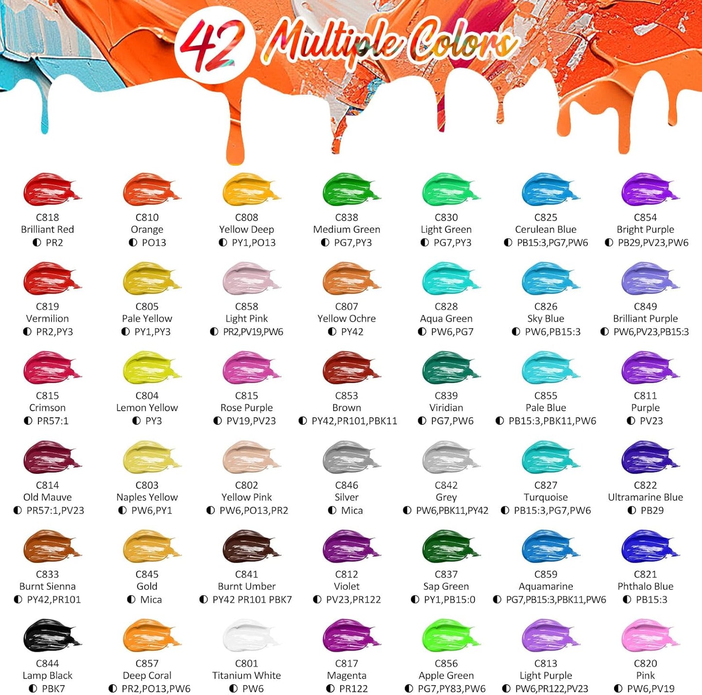 Caliart Acrylic Paint Set with 12 Brushes, 42 Colors (59ml, 2oz) Art Craft Paints Gifts for Adults Artists Beginners Painters, Halloween Pumpkin Canvas Ceramic Rock Painting Kit Art Supplies