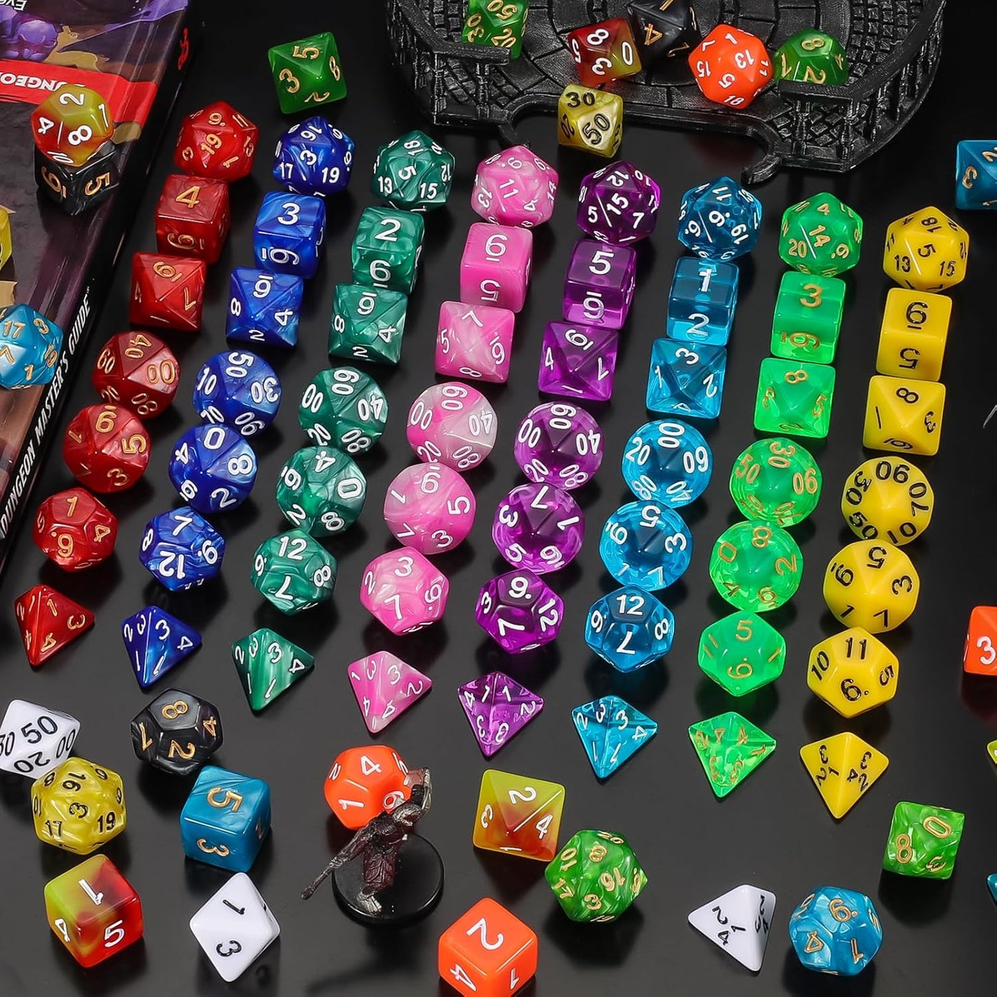 QMay DND Dice Set 15 X 7 Polyhedral Dice (105pcs) with 1 Large Flannel Bag, D&D Dice (D4 D6 D8 D10 D% D12 D20) for Dungeons and Dragons RPG MTG Table Games