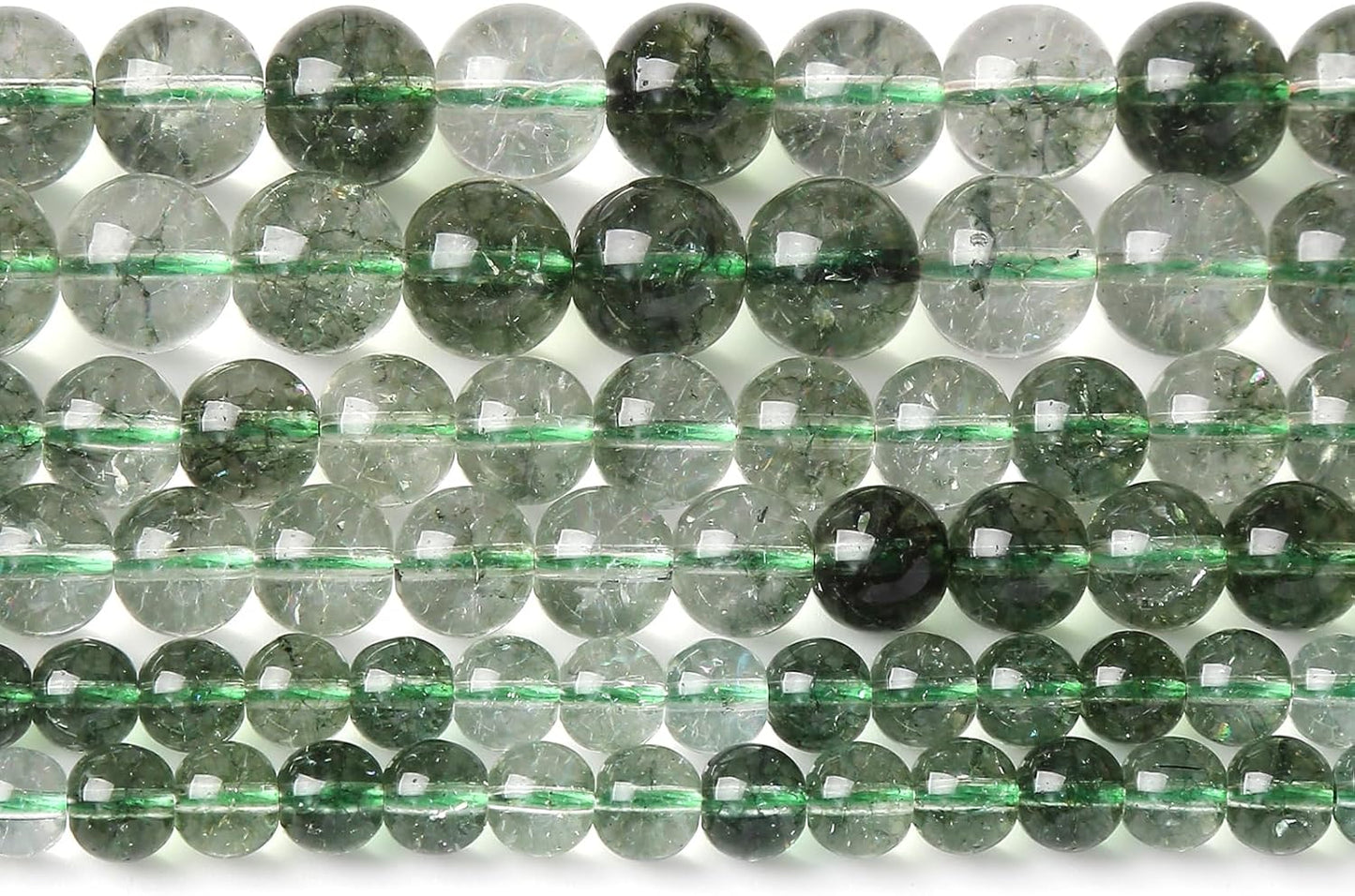 60PCS 6MM Green Crackle Phantom Ghost Crystal Beads for Jewelry Making DIY Bracelet Necklace Accessories 15" Energy Healing Power Stone Beads