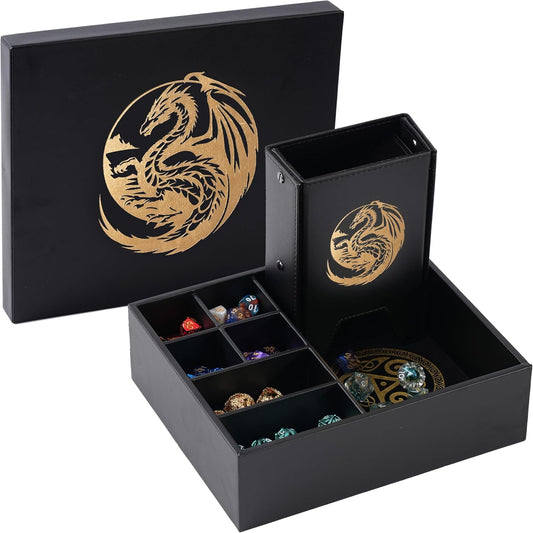 Dice Tray and Dice Tower for DND: All-in-One Tray, Storage & Large Tower for Random Rolls - Stores Your Sets, Mini's etc, Perfect for D&D and RPG Gift Accessories (Gold Dragon)
