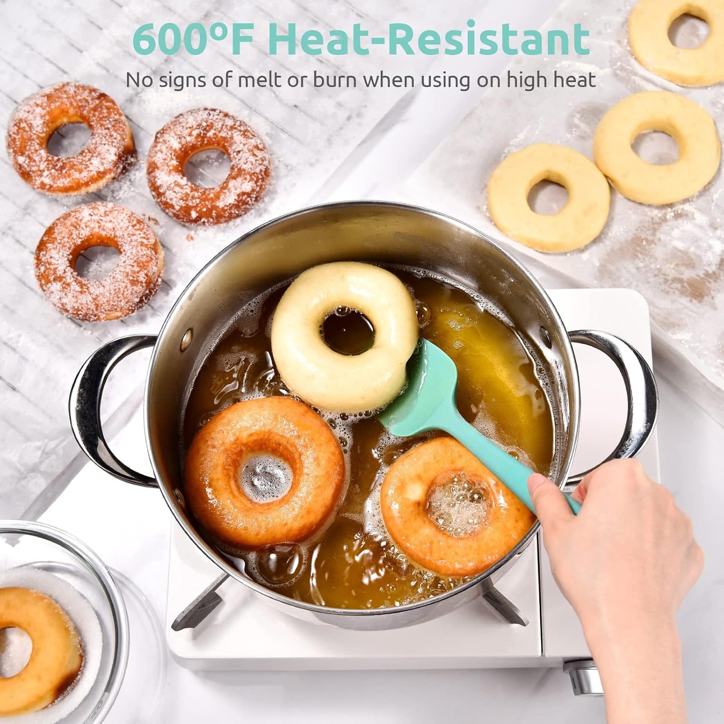 Heat Resistant Silicone Spatula Set: U-Taste 600ºF High Temp Seamless Food Grade Utensil, Flexible Rubber Silicon Kitchen Cooking Mixing Baking Scraper for Nonstick Cookware Set of 4 (Aqua Sky)