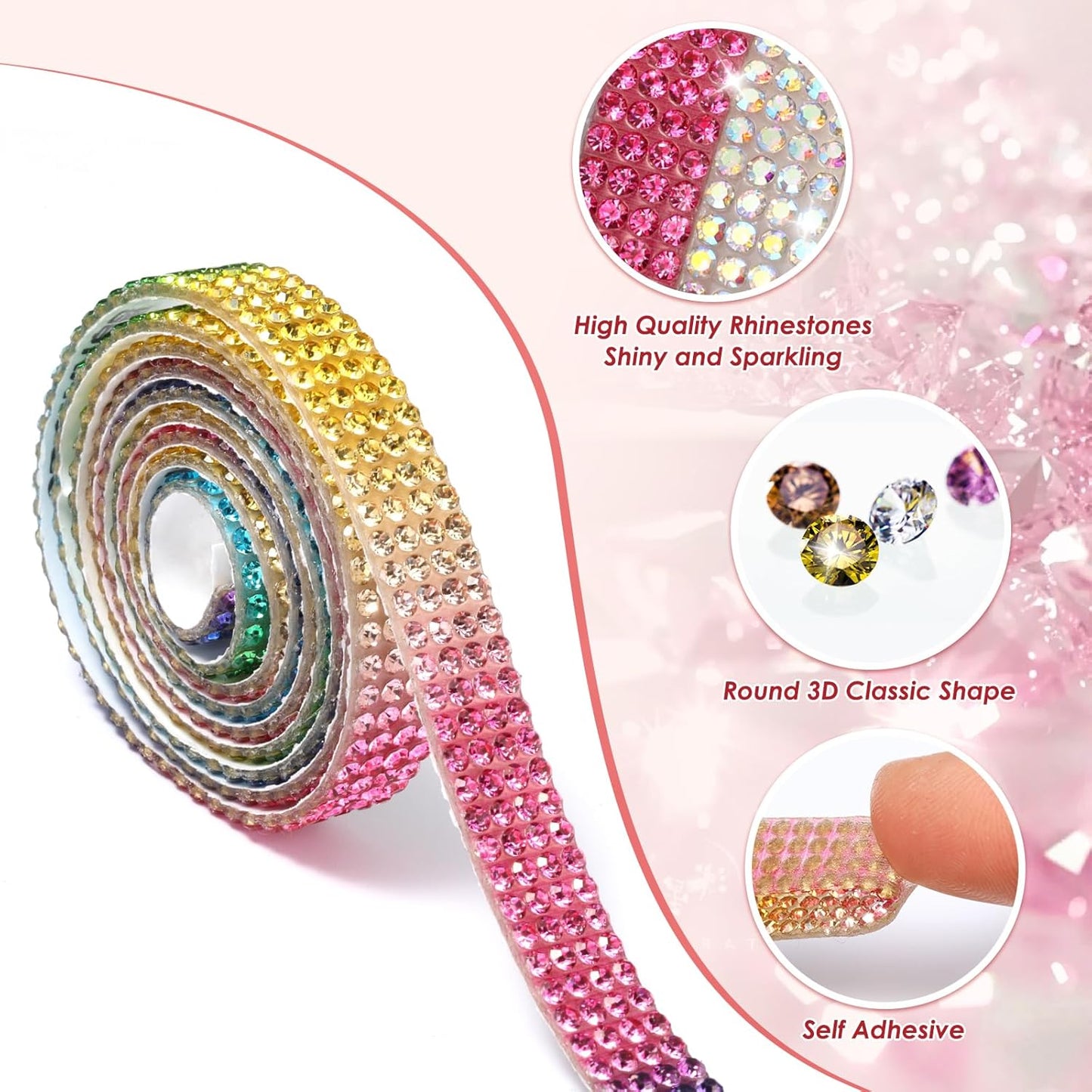 Rhinestone Ribbon Self Adhesive, 10-Rolls Bedazzling Strips, 10-Yard Rhinestone Strips for DIY Craft, Rhinestones for Crafting, 10 Colors