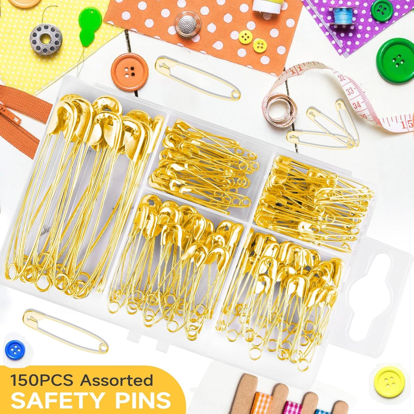 Huhuhero Safety Pins Assorted, 160-Pack 5 Different Sizes Small and Large Safety Pins for Clothes Fabric Costume, Nickel Plated Steel Pin Bulk, Sewing Arts Crafts Supplies, Gold