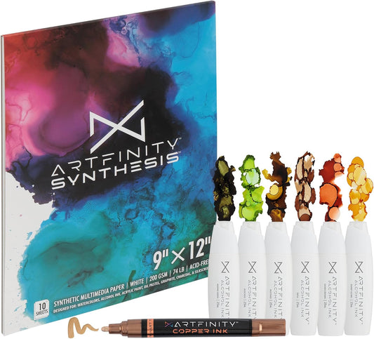 Alcohol Ink - Earth Tones Set, 8 Pieces | 10 Sheets 9x12 Multimedia Paper | Fast-Drying, Permanent, Transparent Alcohol Inks for Gloss Paper, Glass, Metal | 25 ml Bottles | Copper Ink Pen