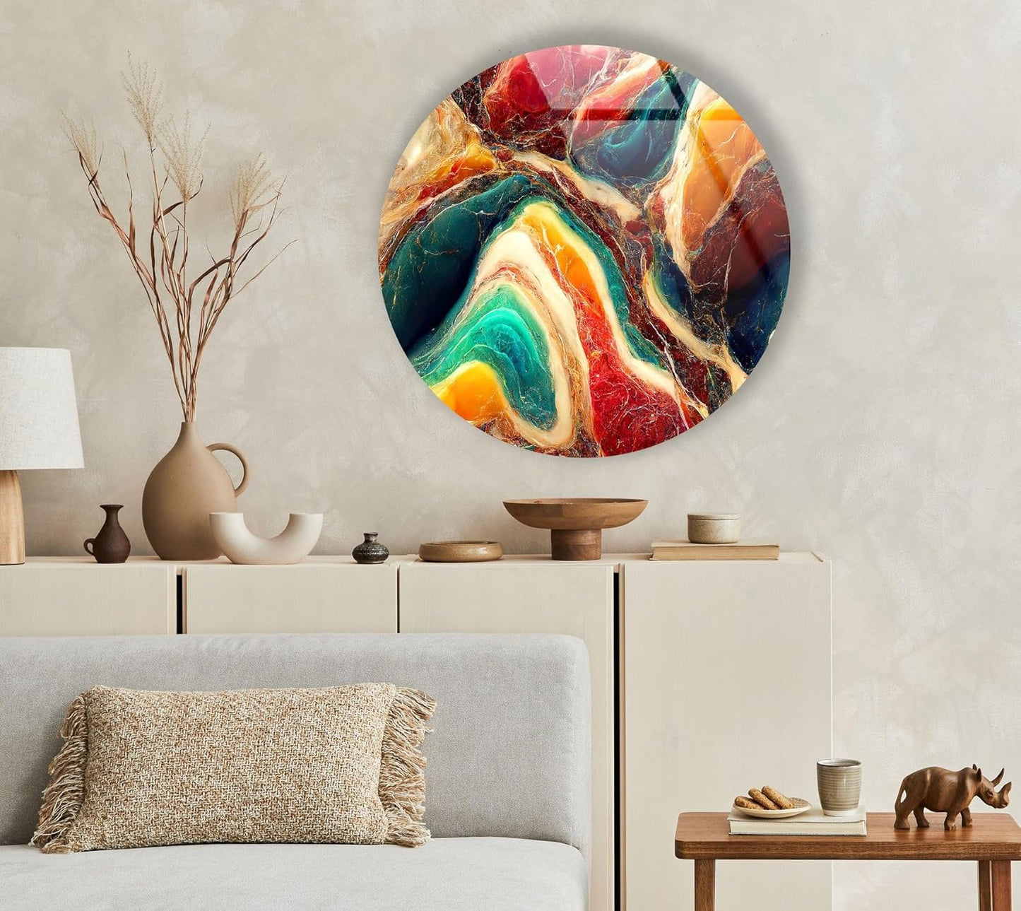 My Photostation.com 27.5''(70cm) Diameter Colorful Marble Swirl Round Wall Art Abstract Glass Decor with Earthy Tones & Gemstone Texture