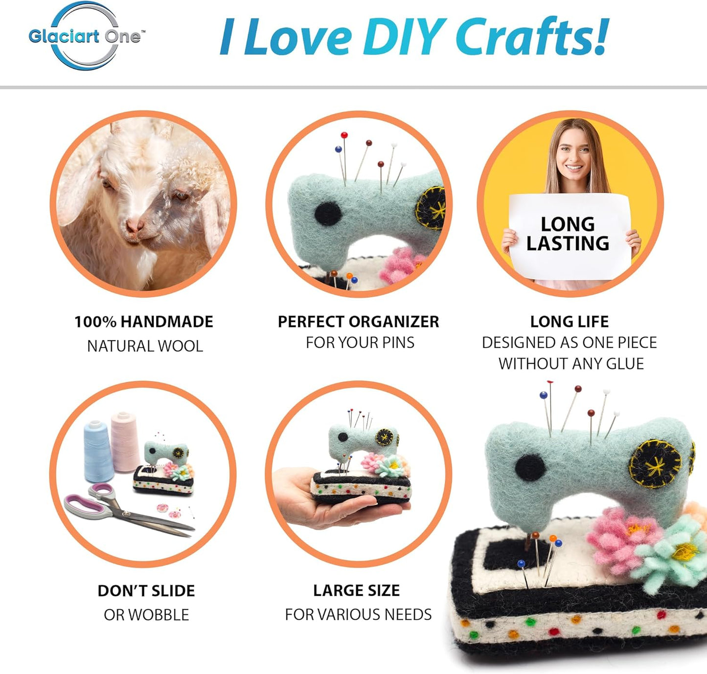 GLACIART ONE Sewing Machine Pin Cushion| Large Size |Durable & Handmade Craft Sewing Supplies | Also for Quilting, Machine Needles, Safety and T Pins
