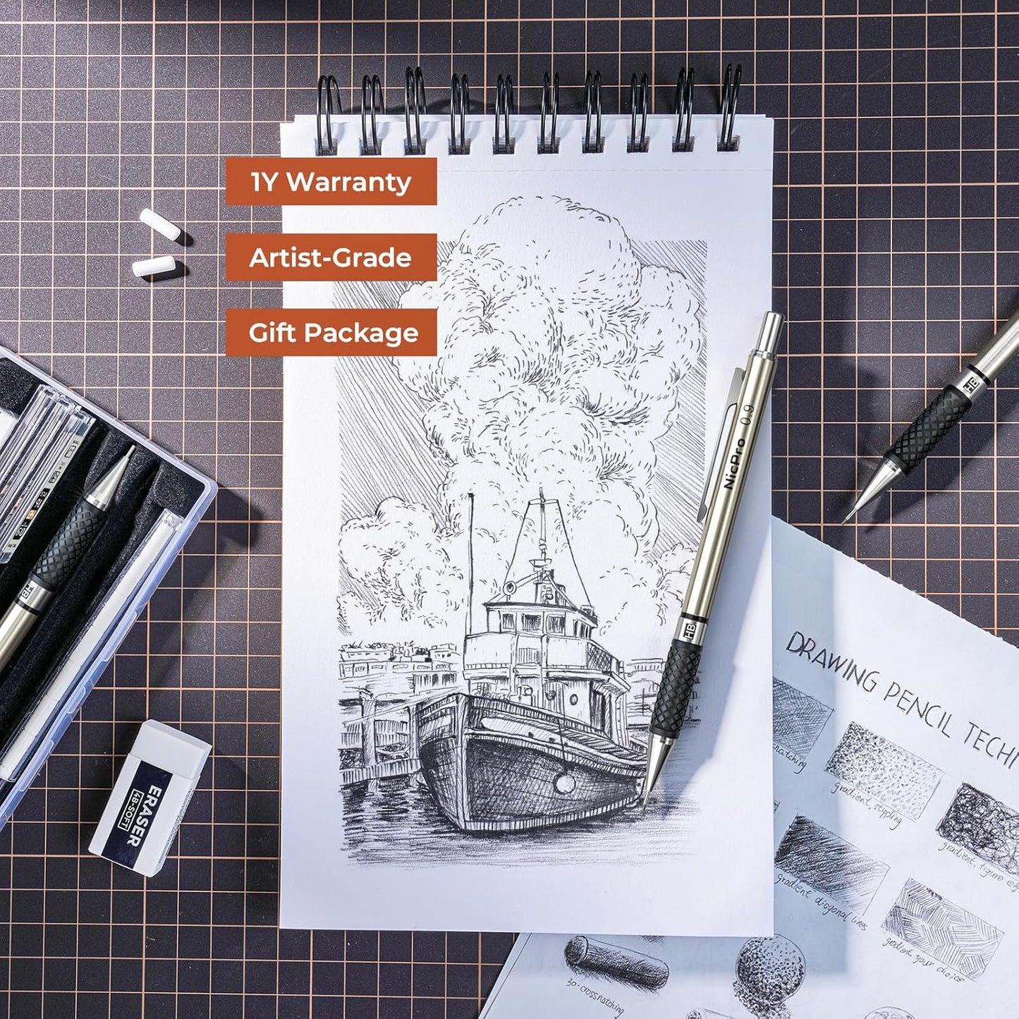 Nicpro 0.9 mm Art Mechanical Pencils Set in Gift Case, 6 PCS Metal Drafting Pencil 0.9mm with 6 Tube HB Lead Refills & 18 PCS Eraser Refills for Adults, Children, Artist Writing, Drawing, Sketching