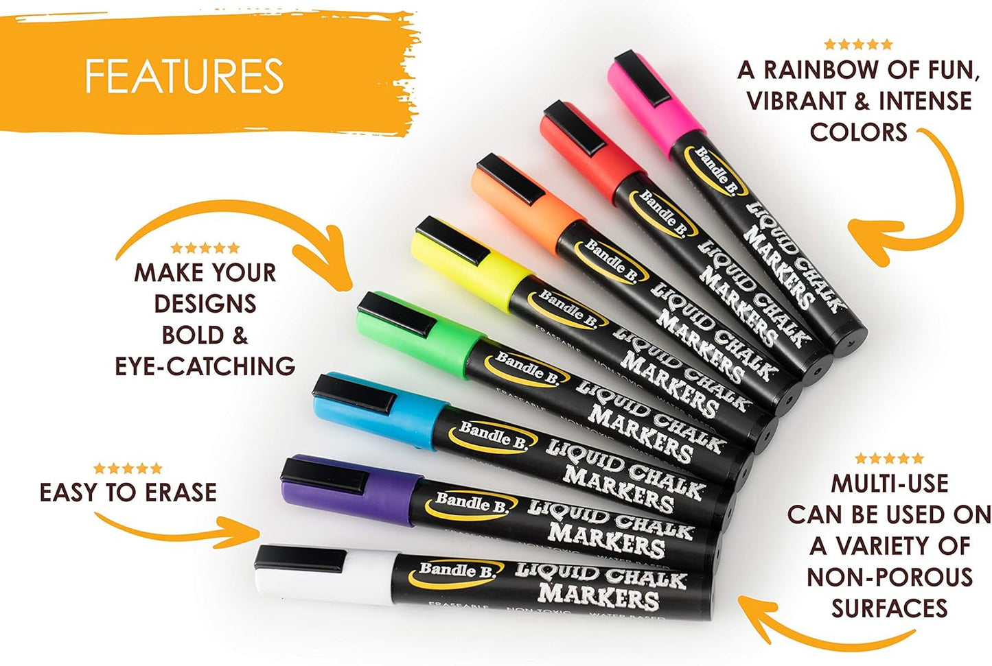 Bandle B. Chalk Markers - 8 Vibrant, Erasable, Non-Toxic, Water-Based, Reversible Tips. For Glass or Chalkboard Markers for Businesses, Restaurants, Liquid Drawing Chalk (Vibrant 6mm)