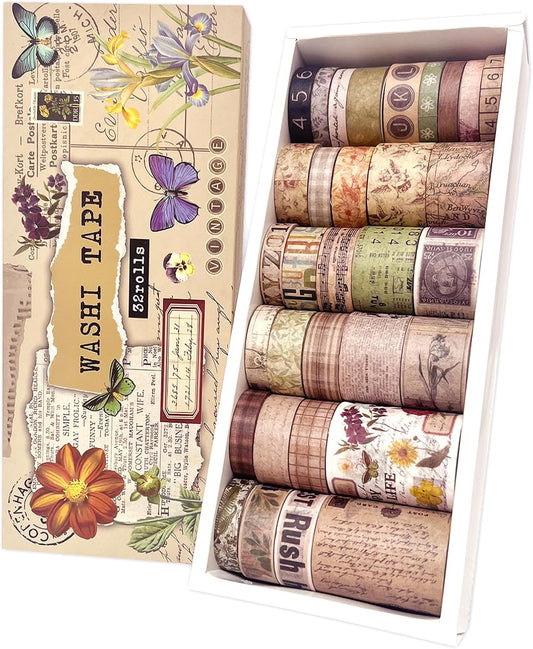 32 Rolls Vintage Washi Tape, Aesthetic Colored Decorative Cute Scrapbook Tape for Scrapbooking Supplies Journaling Craft Junk Journal