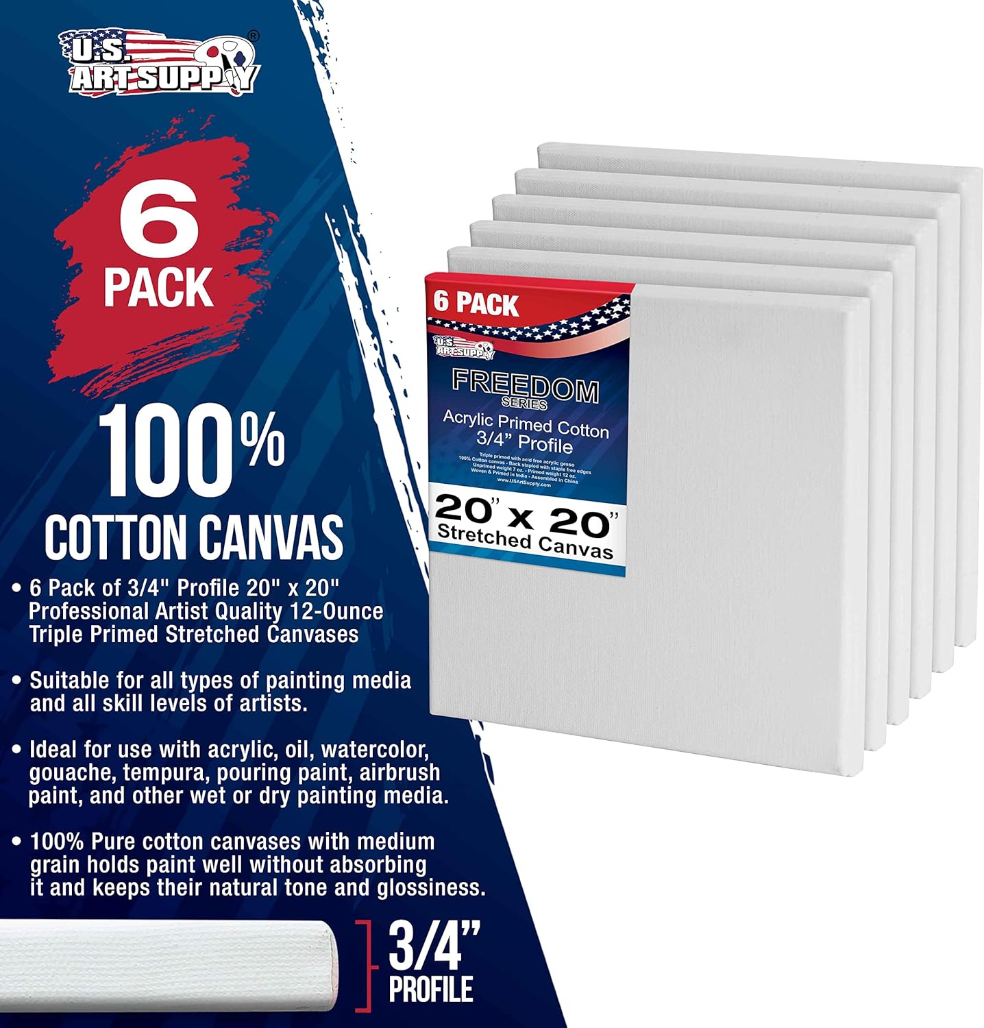 U.S. Art Supply 20 x 20 inch Stretched Canvas 12-Ounce Triple Primed, 6-Pack - Professional Artist Quality White Blank 3/4" Profile, 100% Cotton, Heavy-Weight Gesso - Acrylic Pouring, Oil Painting