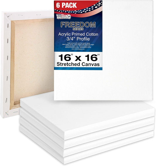 U.S. Art Supply 16 x 16 inch Stretched Canvas for Painting, 12oz Triple Primed, 6-Pack - Professional Artist Quality White Blank 3/4" Profile, 100% Cotton, Heavy-Weight Gesso - Acrylic Pouring, Oil