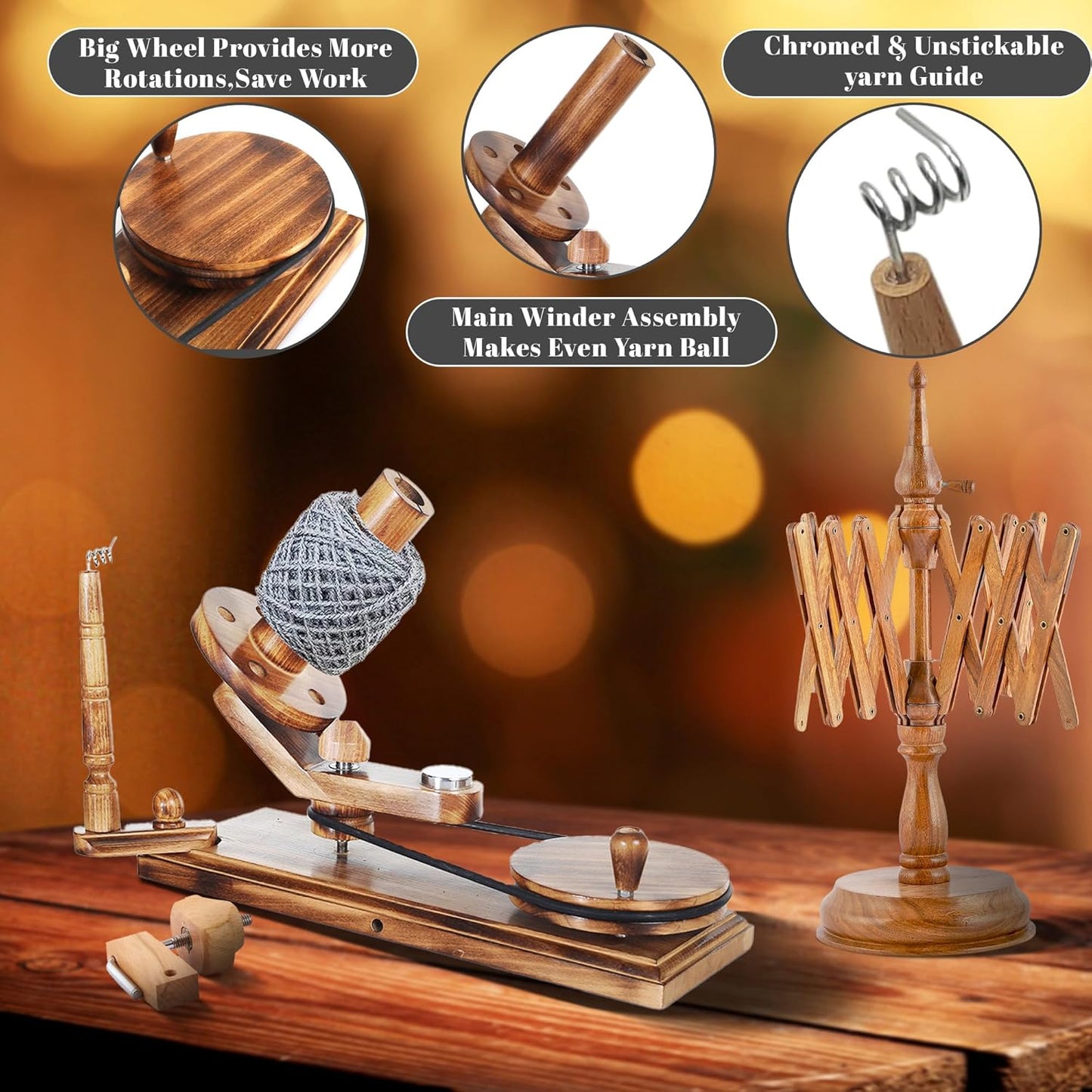 Handcrafted Wooden Yarn Ball Winder and Tabletop Swift - Winds 8-12 oz Yarn Balls for Crocheting & Knitting Craft, Durable and Smooth Yarn Winding Set (Antique Winder and Swift)