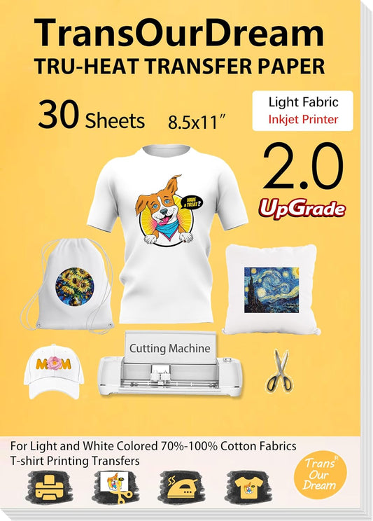 TransOurDream Upgraded Iron on Heat Transfer Paper for T Shirts (30 Sheets, 8.5x11") Iron on Transfers for Light Fabric Printable Heat Transfer Vinyl for Inkjet Printer (L2-30)