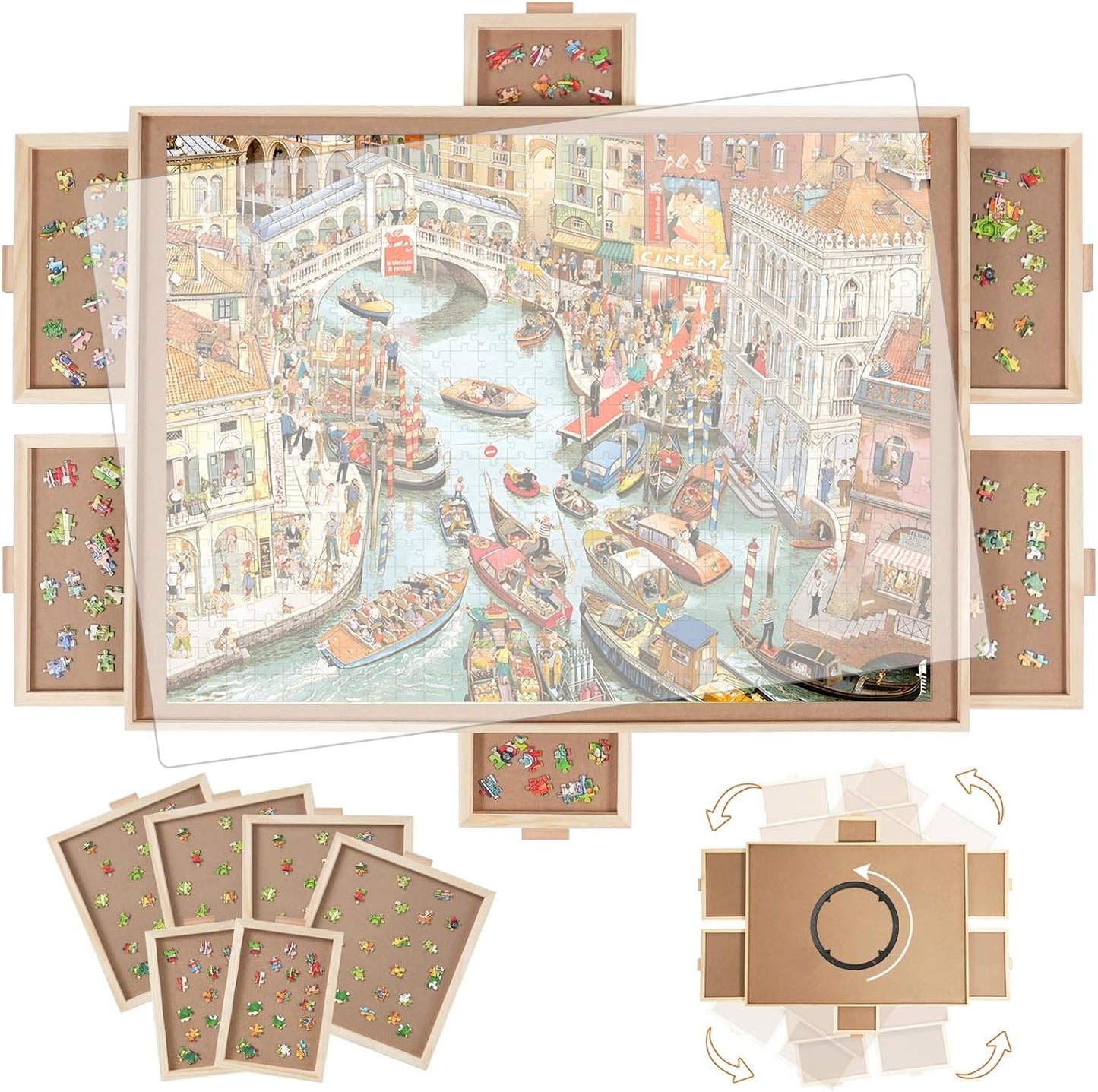 1500 Pieces Rotating Puzzle Board with 6 Drawers,34.25"x25.2" Portable Wooden Jigsaw Puzzle Table with Lazy Susan Spinning Cover