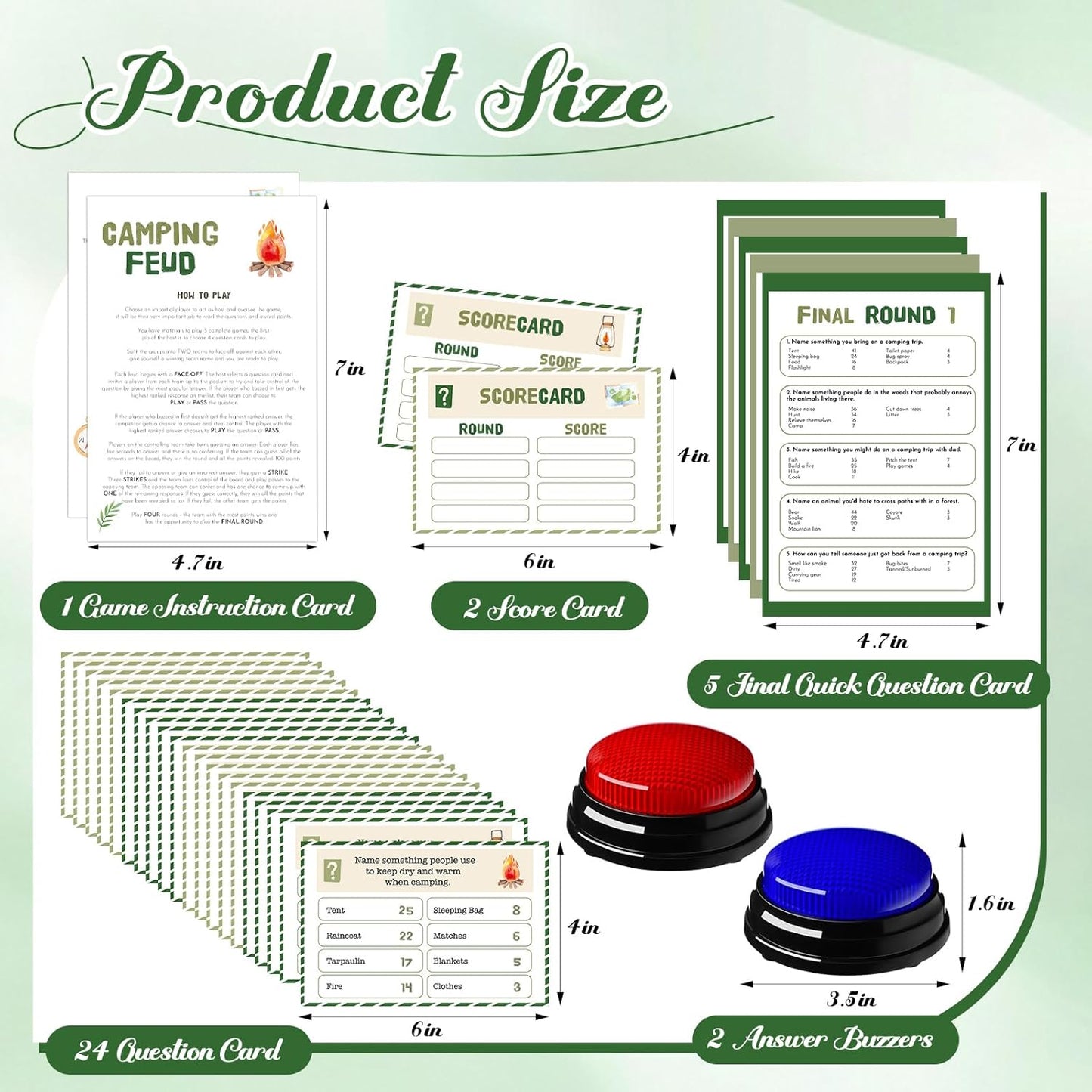 30 Pcs Camping Friendly Feud Game Set Camping Party Game Trivia Quiz with 18 Card 2 Buzzer for Adults Family Games Activities Party Supplies, Battery Not Included