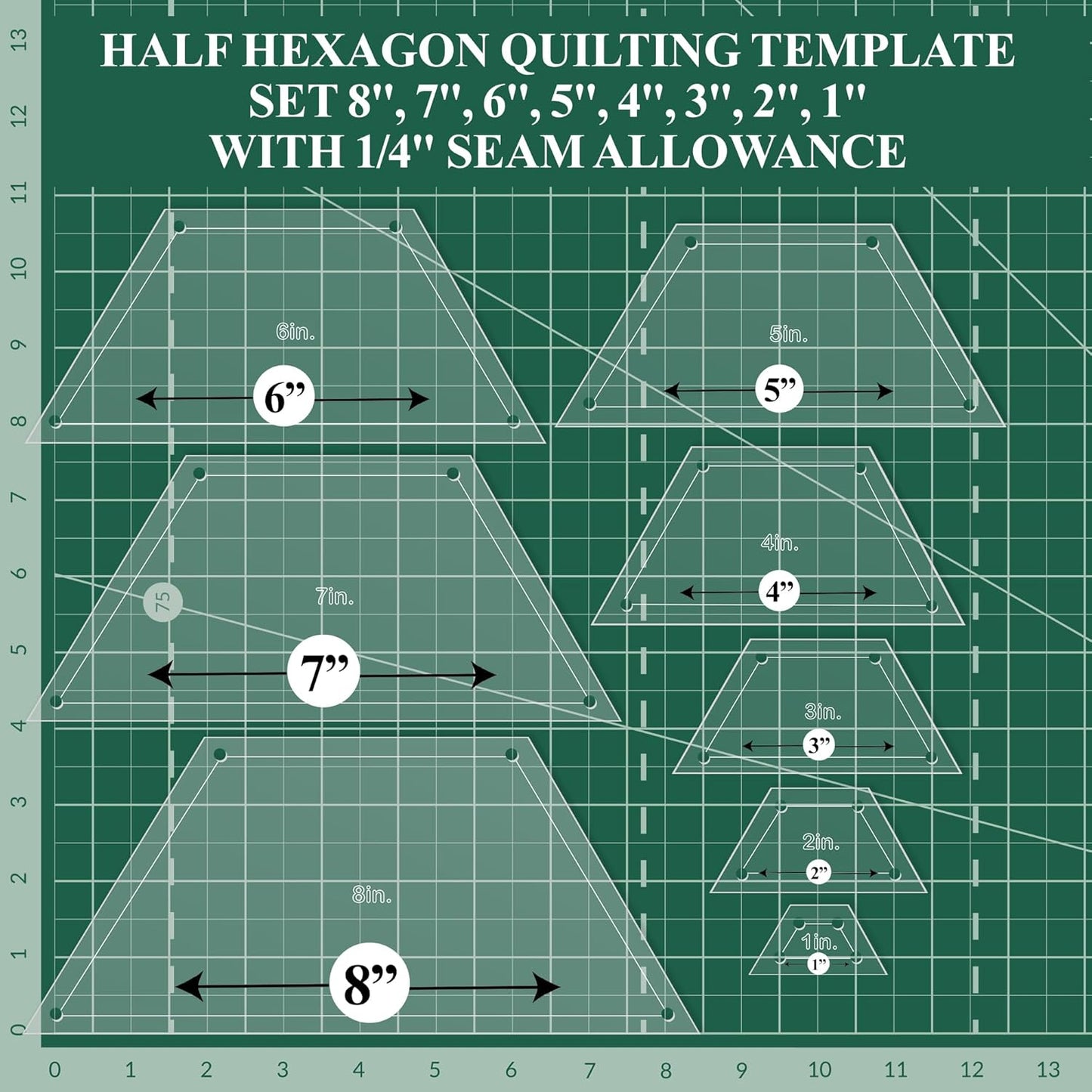 Hexagon Quilting Template Set - 8", 7", 6", 5", 4", 3", 2", 1" Sizes with 1/4" Seam Allowance - Durable Acrylic Templates for Quilting, Patchwork, Crafting, & Sewing Projects
