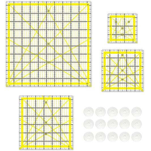 Quilting Rulers, Sewing Rulers, 4 Piece Quilting Square Templates, Acrylic Rulers with Non-Slip Rings for Sewing (3.5"X3.5", 5"X5", 6.5"X6.5", 10.5"X10.5") (Yellow)