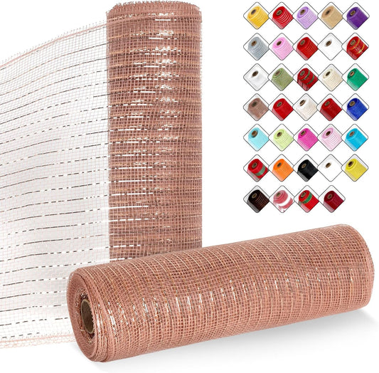 2 Rolls Mesh Ribbon for Wreaths 10 Inch x 30 Foot Wreath Mesh Rolls with Metallic Foil for Easter Christmas Party Wedding Home Decor DIY Craft Projects and Gift Wrapping (Rose Gold)