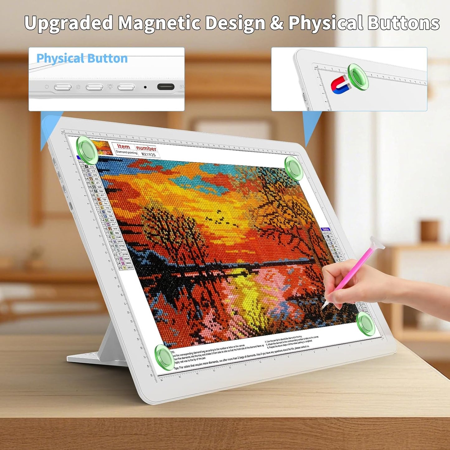 TOHETO Rechargeable A3 Light Board with Stand, Super Bright Magnetic Light Pad with Side Buttons, Wireless Light Box for Tracing and Drawing, Cordless LED Light Table for Diamond Painting, Sketching